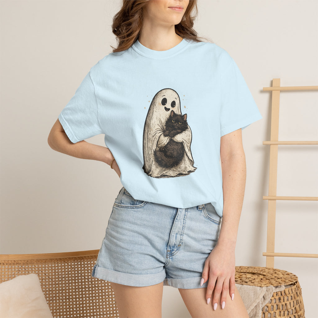 Boo & Meow Ghost Hugging Black Cat T-Shirt | Cute Spooky Tee