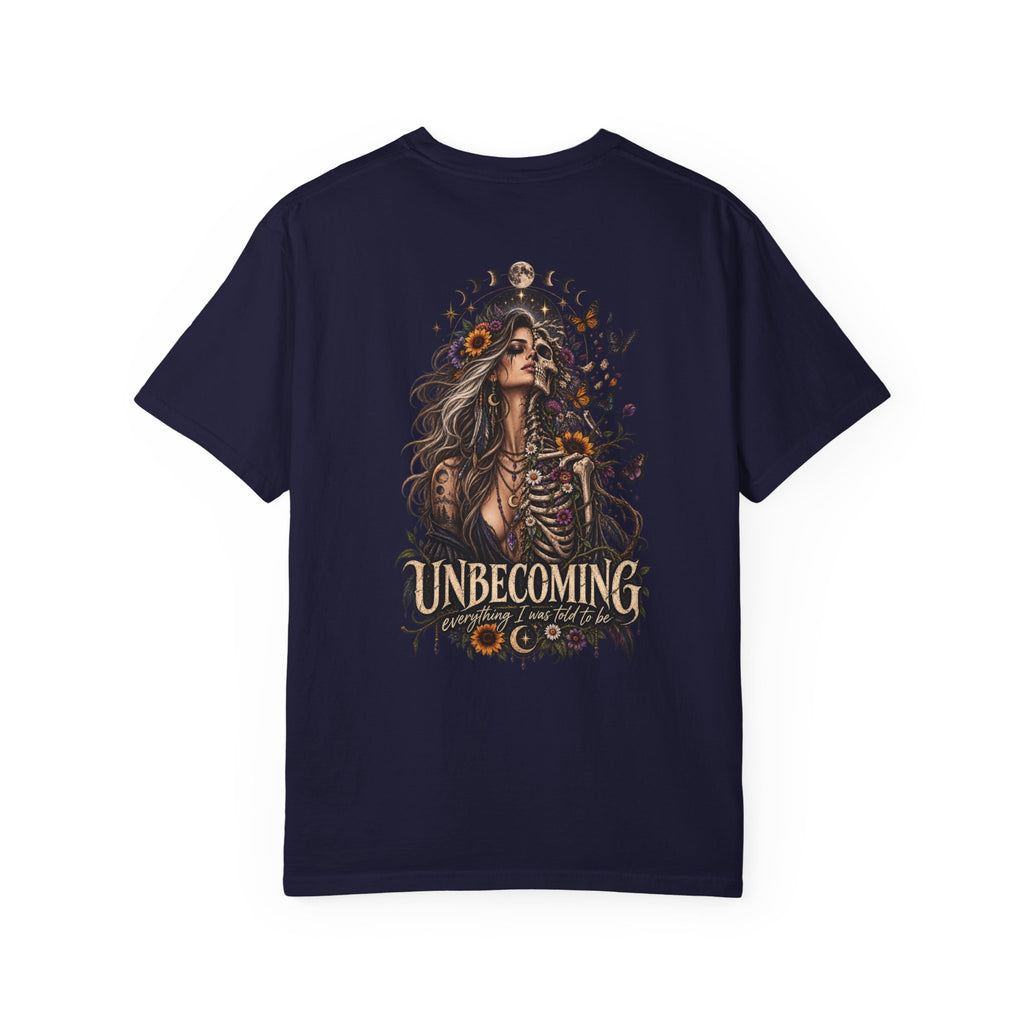 Unbecoming Gothic Moon T‑Shirt — Witchy Skeleton Art Tee