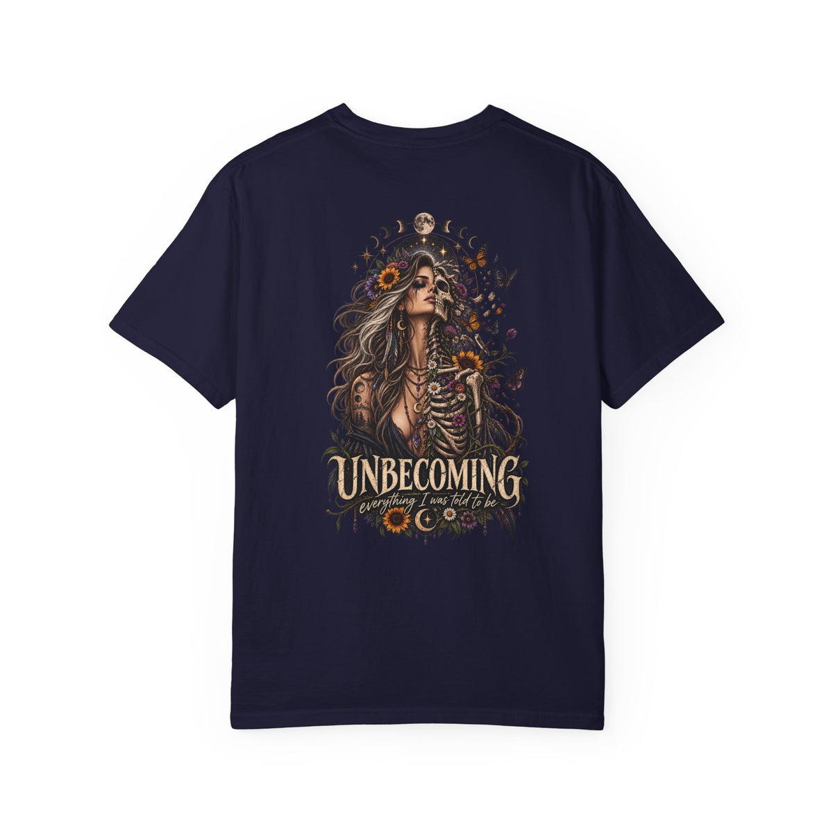 Unbecoming Gothic Moon T‑Shirt — Witchy Skeleton Art Tee