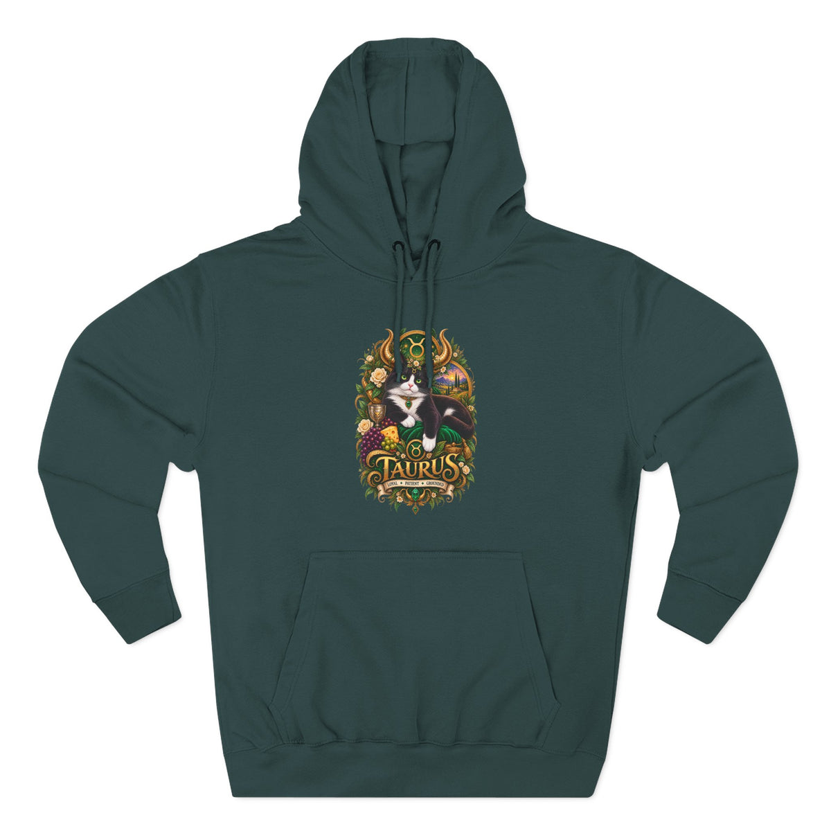 Taurus Tuxedo Cat Zodiac Hoodie — Earthy Bull Constellation Graphic Fleece Pullover