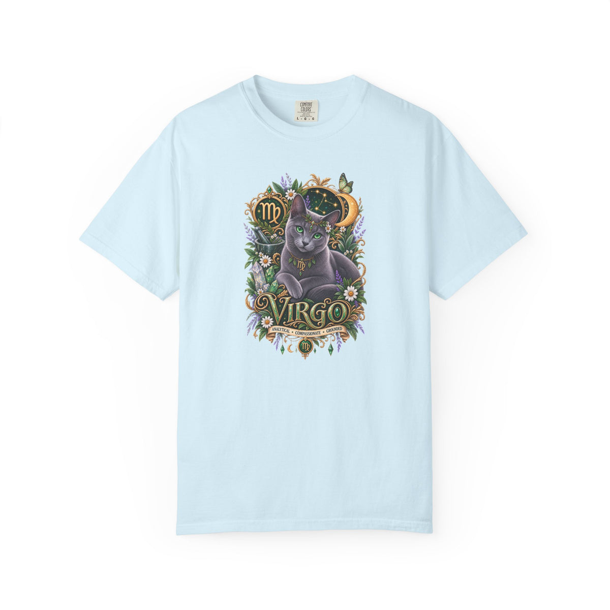 Virgo Cat Zodiac T-Shirt — Virgo Astrology Tee with Russian Blue & Floral Design