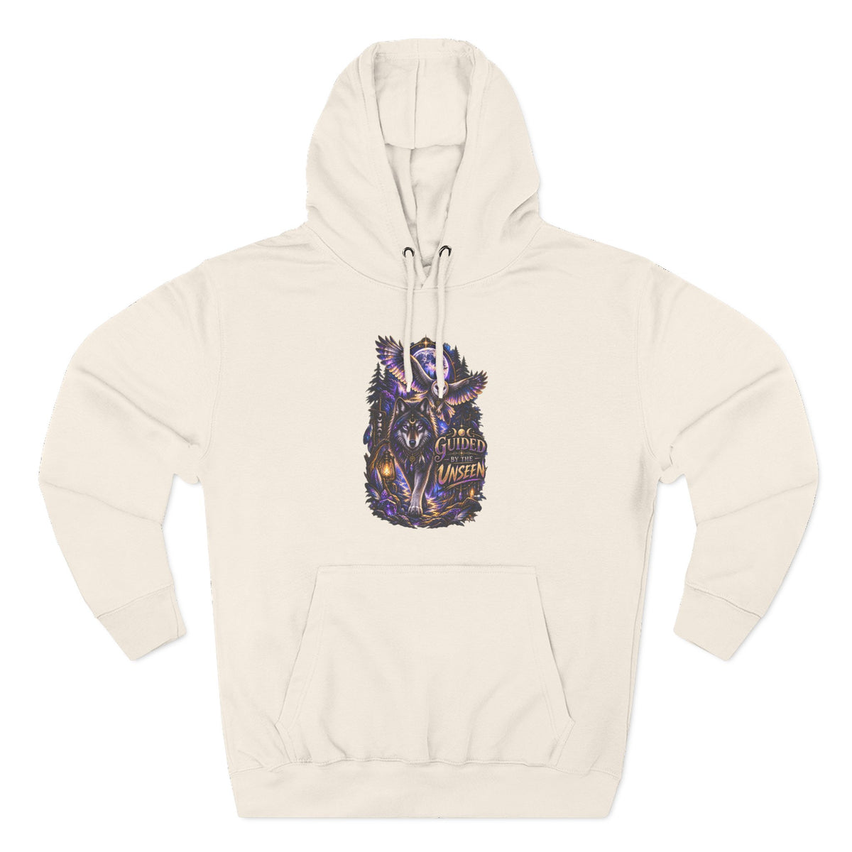 Witchy Owl and Wolf Fleece Hoodie - Mystical Night Forest Graphic- Guided by the Unseen