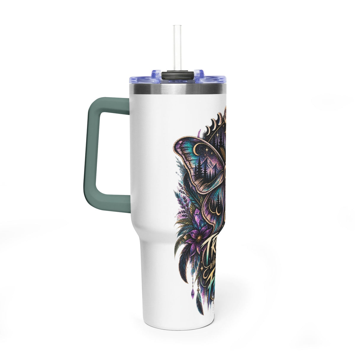 40oz Vacuum Tumbler — 'Trust What You Feel' Moth Nightscape Insulated Cup