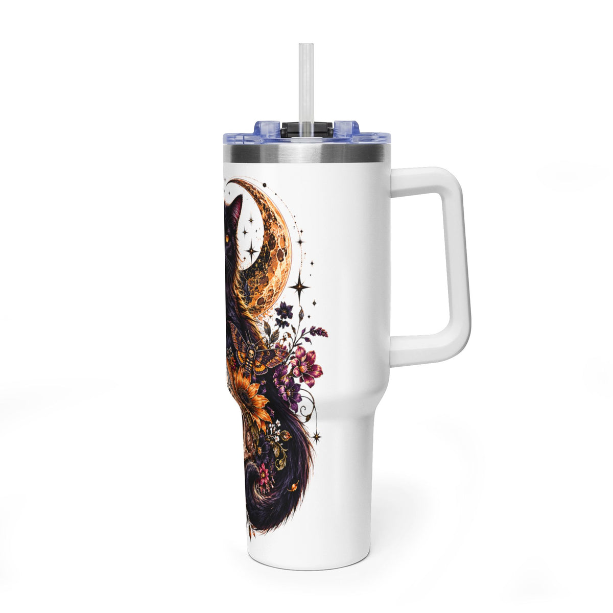 40oz Skull & Black Cat Tumbler – Day of the Dead Floral Vacuum Travel Mug