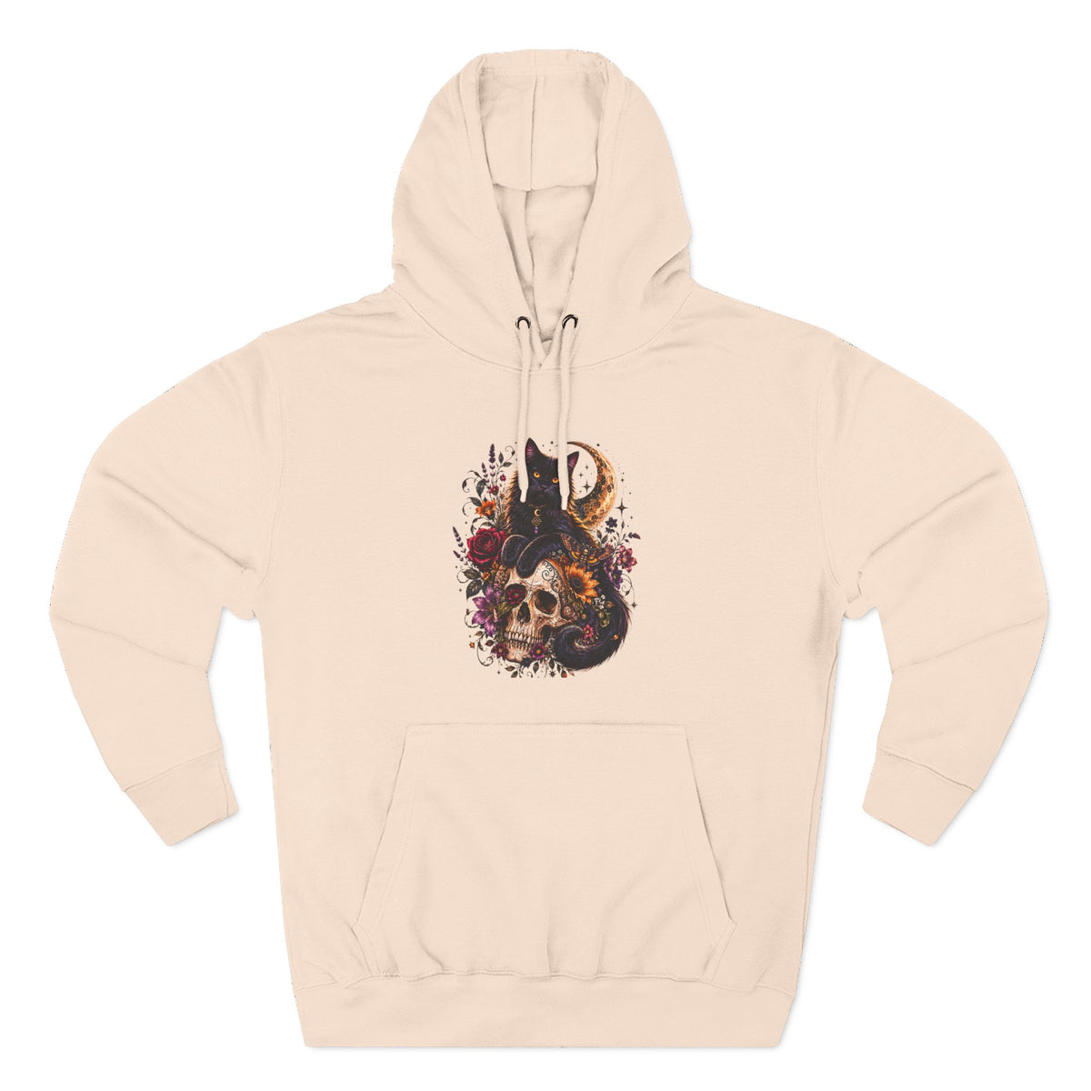 Skull & Cat Hoodie — Romantic Gothic Celestial Moon Graphic Fleece Pullover