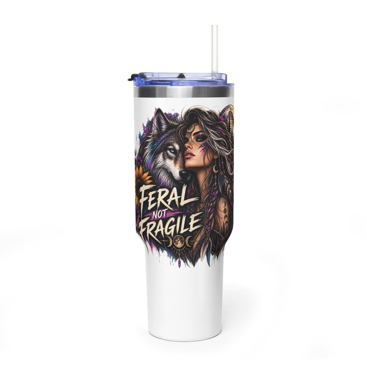 40oz Vacuum Tumbler — "Feral Not Fragile" Wolf Woman Insulated Travel Mug