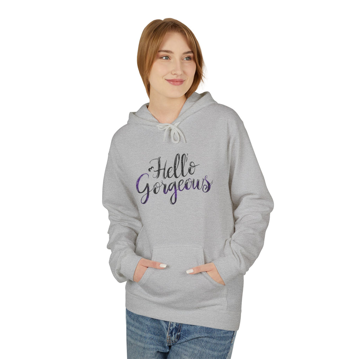 Hello Gorgeous Hoodie — Feminine Script Pullover for Women, Cute Gift for Friends & Self-Care
