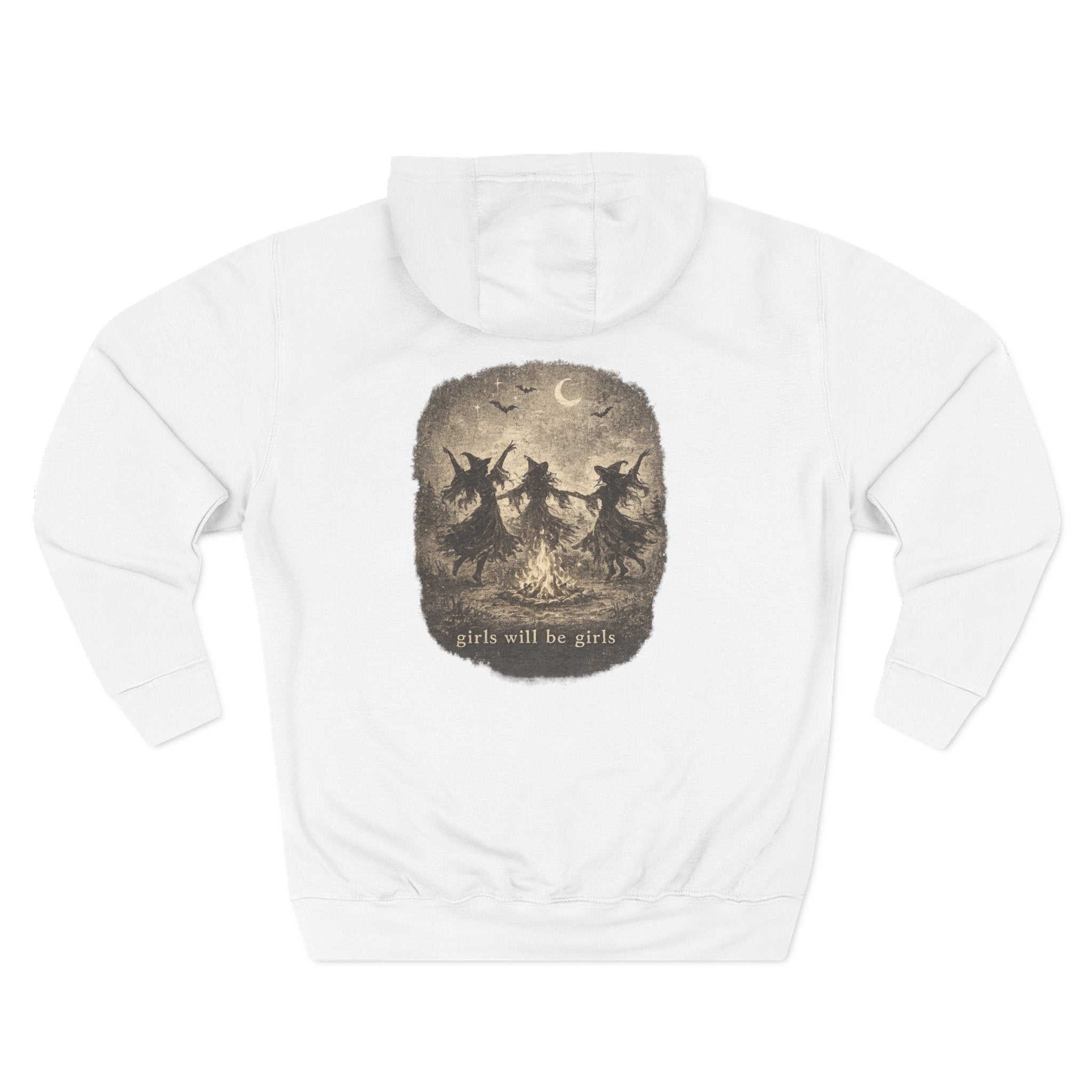 Witchy Trio Graphic Hoodie – 'Girls Will Be Girls' Vintage Moonback Sweatshirt