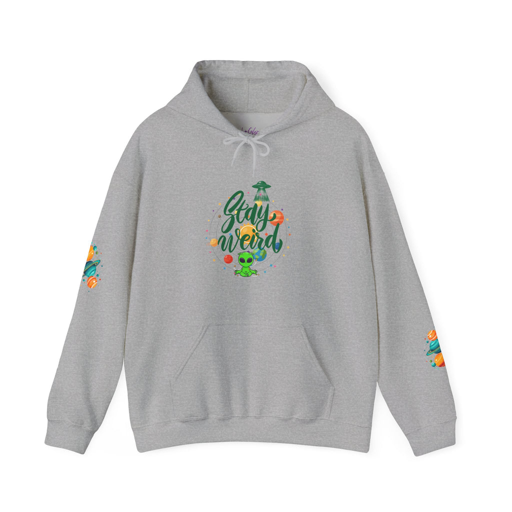 Stay Weird Premium Hoodie | Alien & Space Graphic Hoodie | Front, Back & Sleeve Print | Boutique UFO Apparel