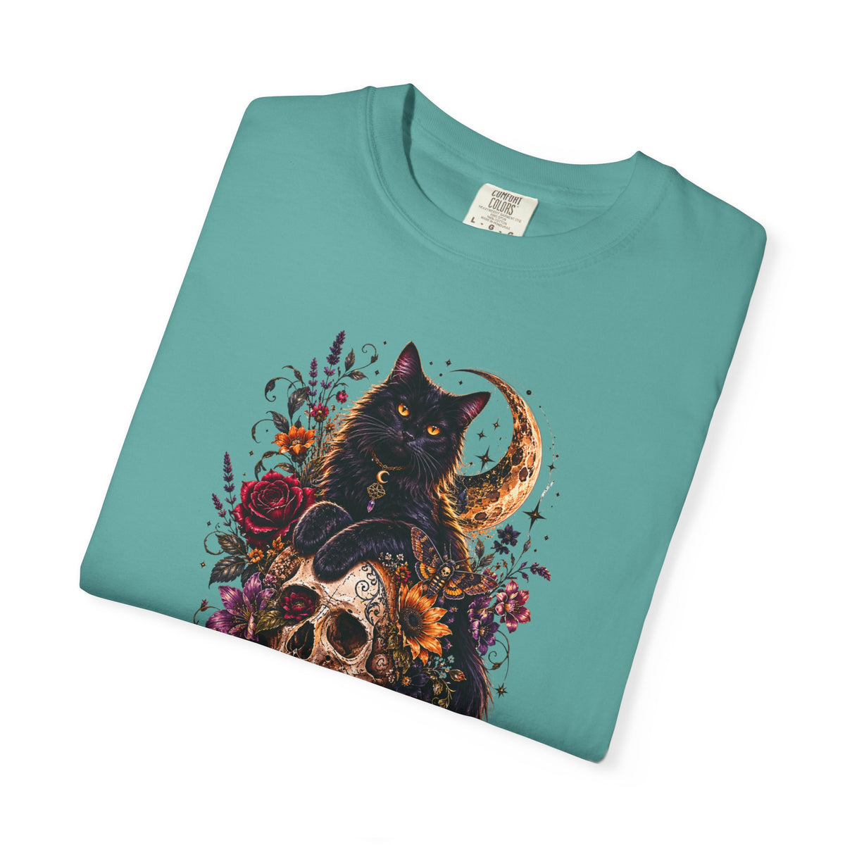 Cat & Skull Gothic T-Shirt — Black Cat Moon Floral Graphic Tee