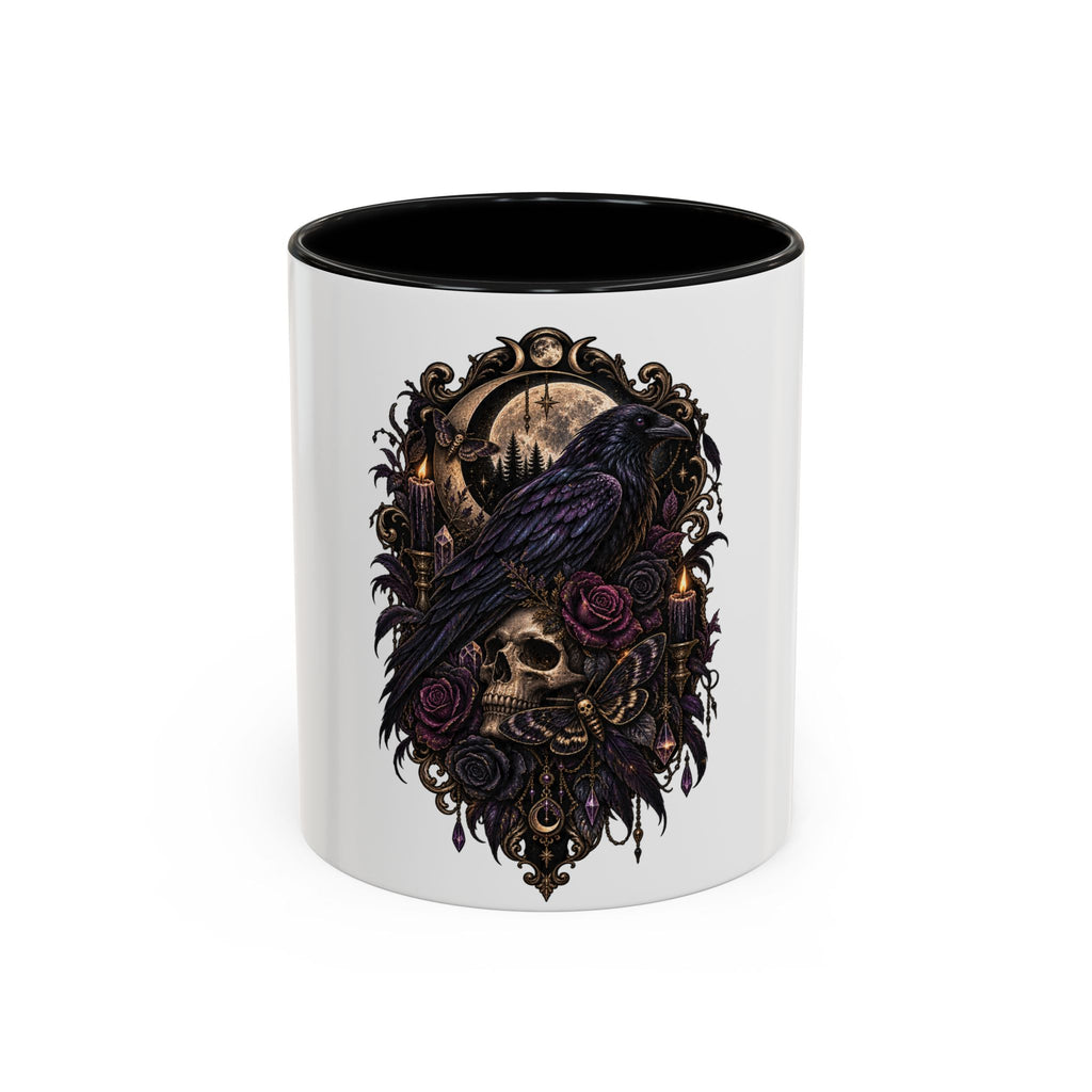 Gothic Raven & Skull Accent Coffee Mug — Dark Floral Occult Tea Cup