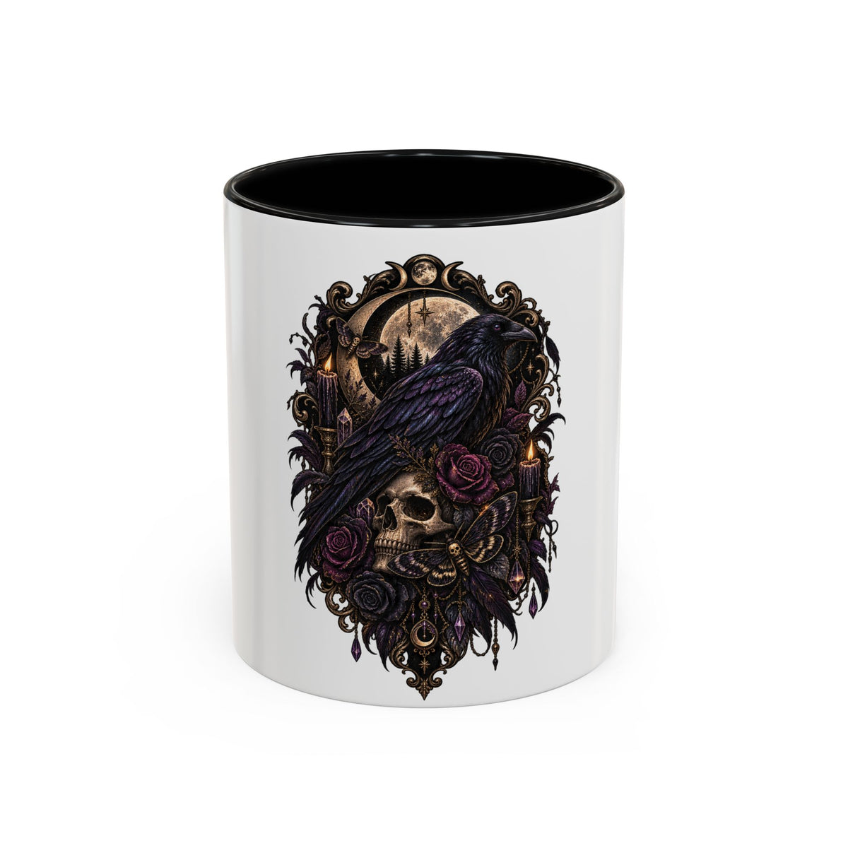 Gothic Raven & Skull Accent Coffee Mug — Dark Floral Occult Tea Cup