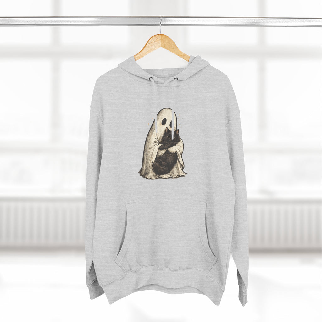 Ghost Hugging Black Cat Fleece Hoodie — Cute Ghost Hugging Black Cat Cozy Pullover