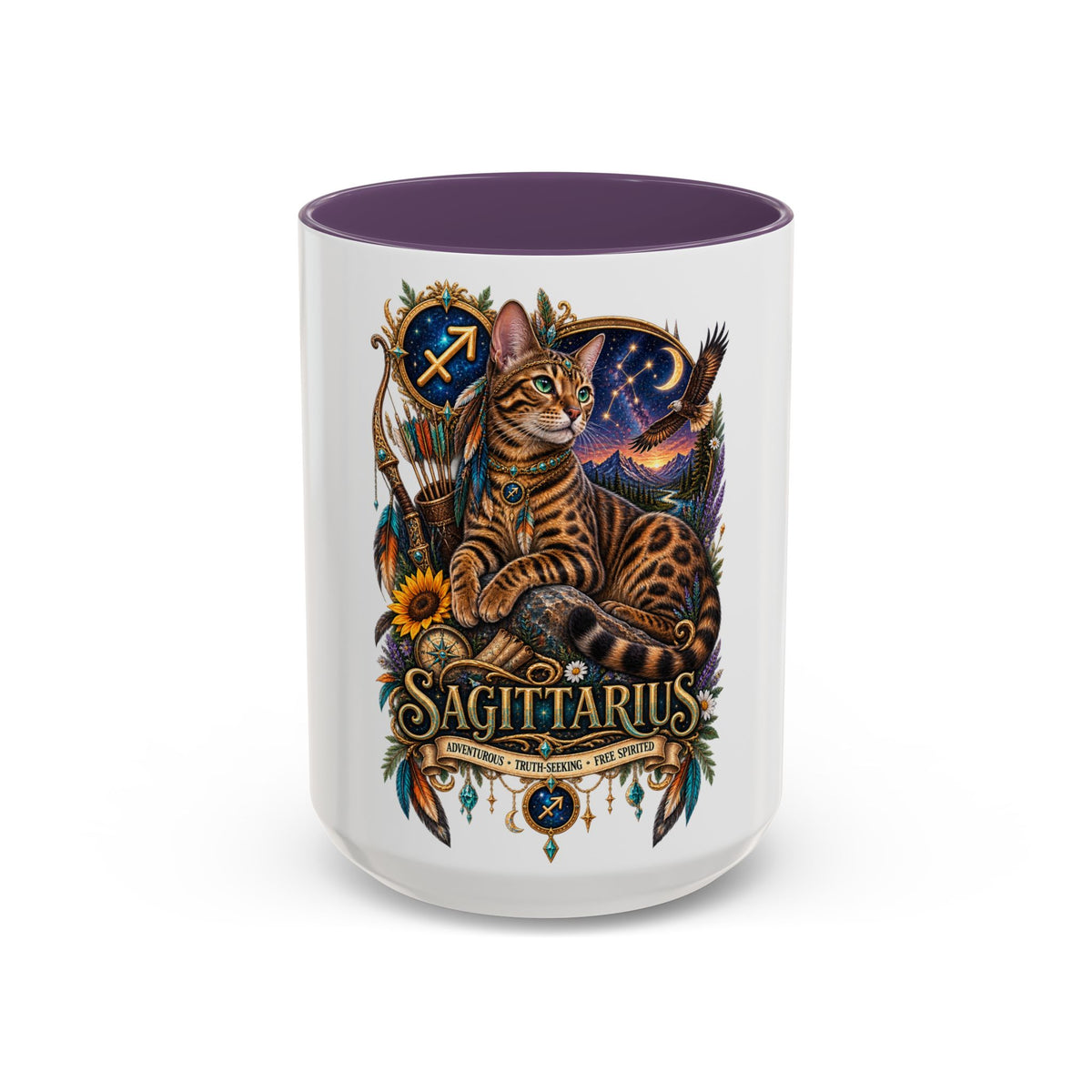 Sagittarius Bengal Cat Zodiac Coffee Mug — Cat Archer Astrology Accent Mug (11/15oz)
