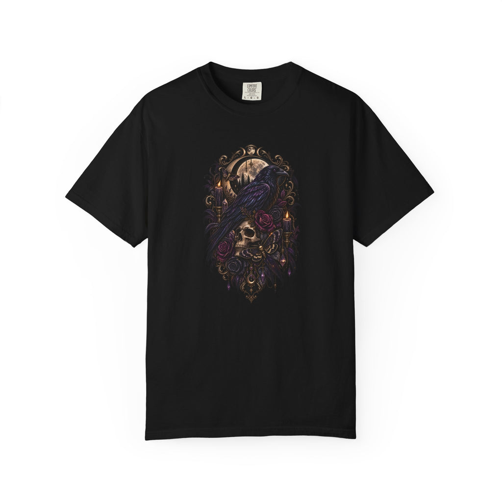 Skull & Crow Graphic Tee — Gothic Vintage Skull with Raven Design