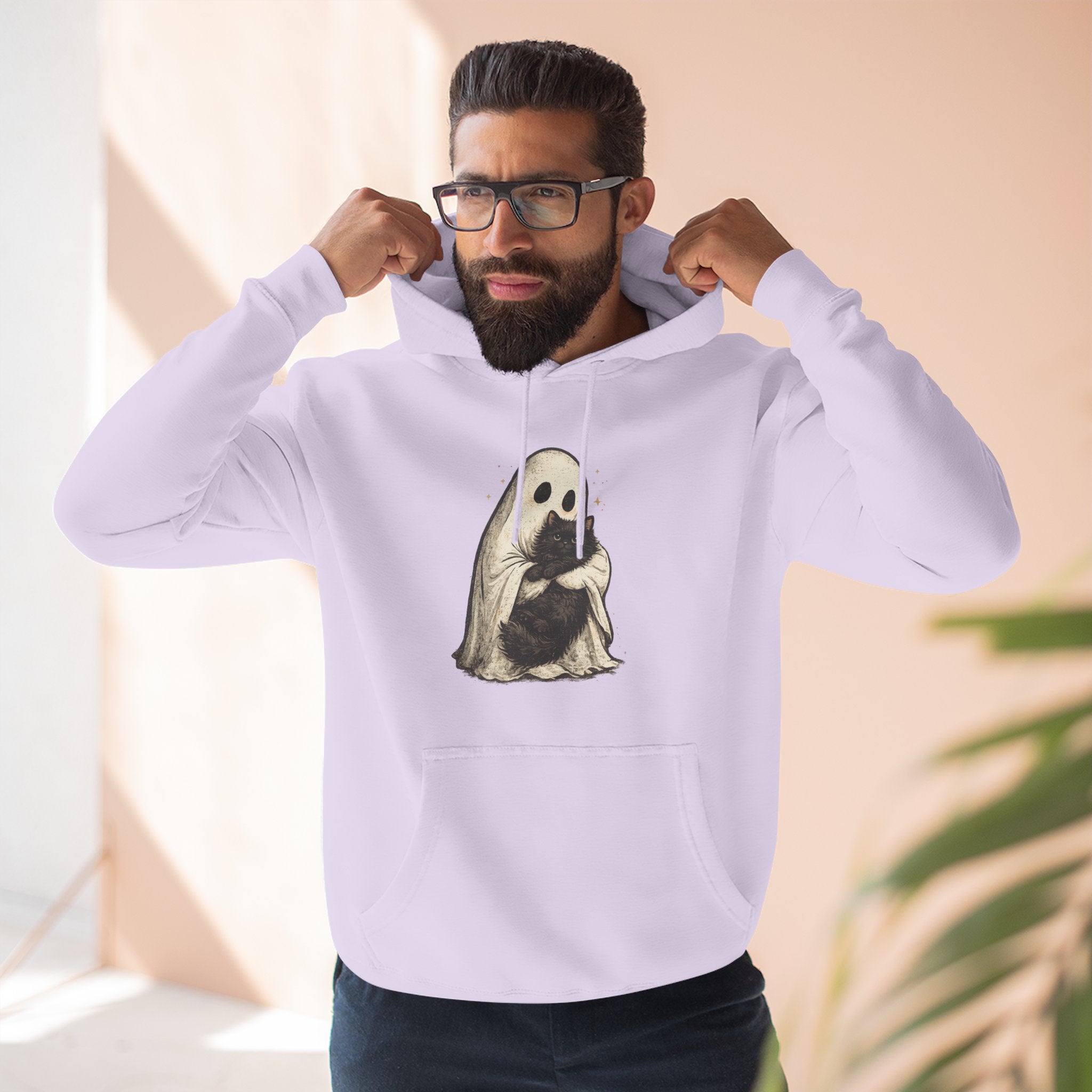 Ghost Hugging Black Cat Fleece Hoodie — Cute Ghost Hugging Black Cat Cozy Pullover