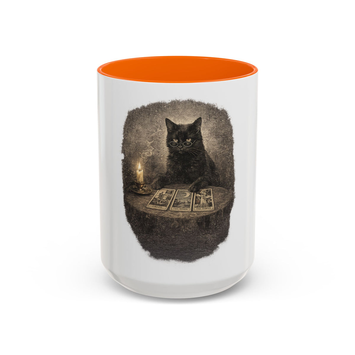 Tarot Cat Accent Coffee Mug — Witchy Black Cat with Tarot Cards