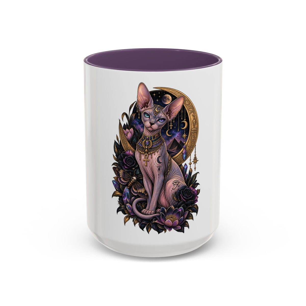 Mystic Sphynx Cat Coffee Mug — Magical Moon & Floral Accent (11/15 oz)