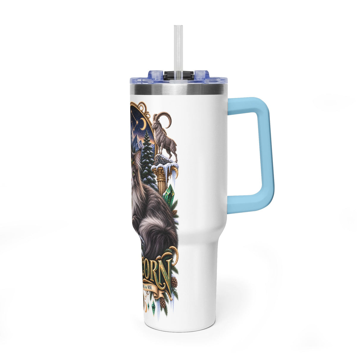 Capricorn Norwegian Forest Cat 40oz Vacuum Tumbler — Zodiac Travel Mug with Handle