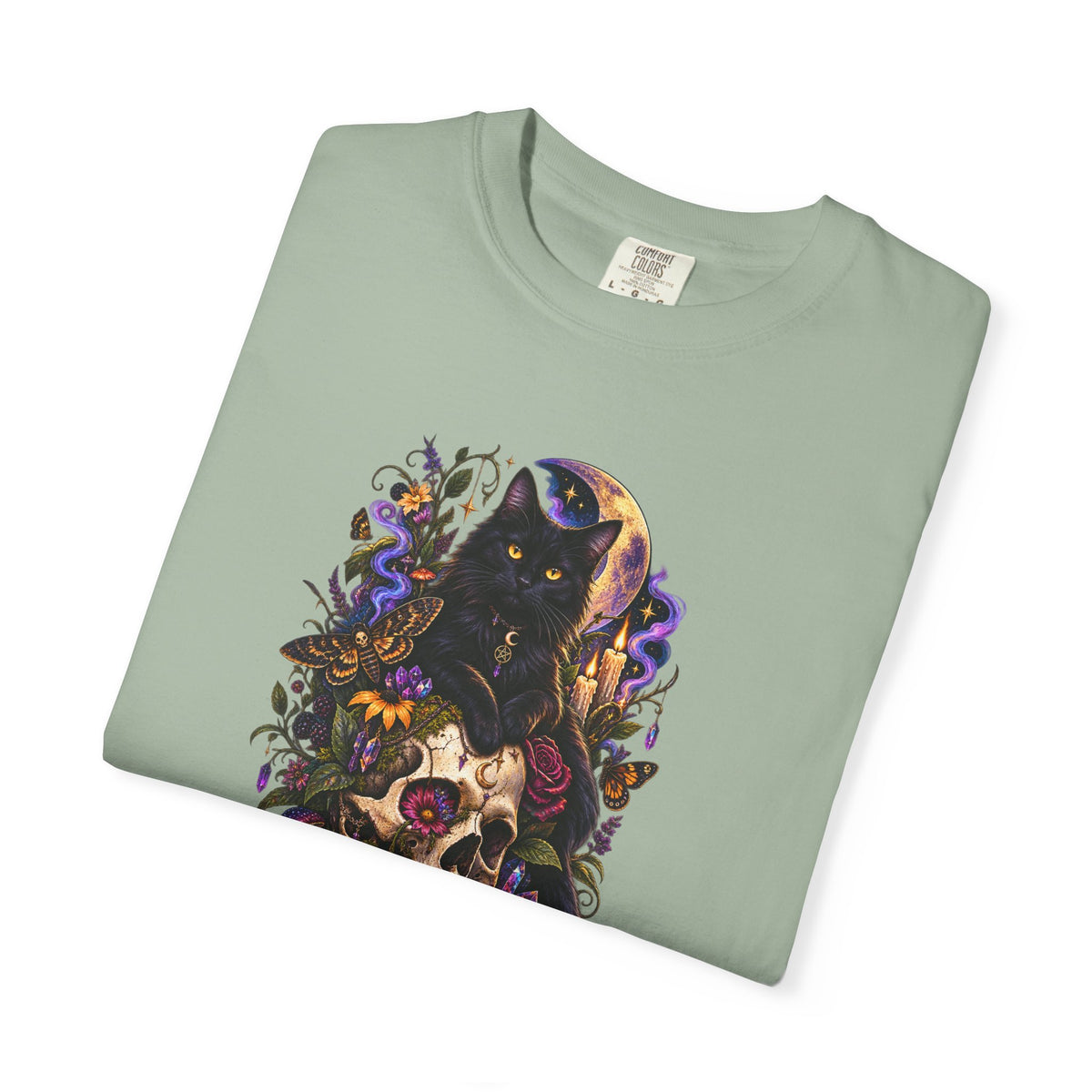 Skull & Black Cat Gothic T-Shirt — Dark Floral Day of the Dead Style