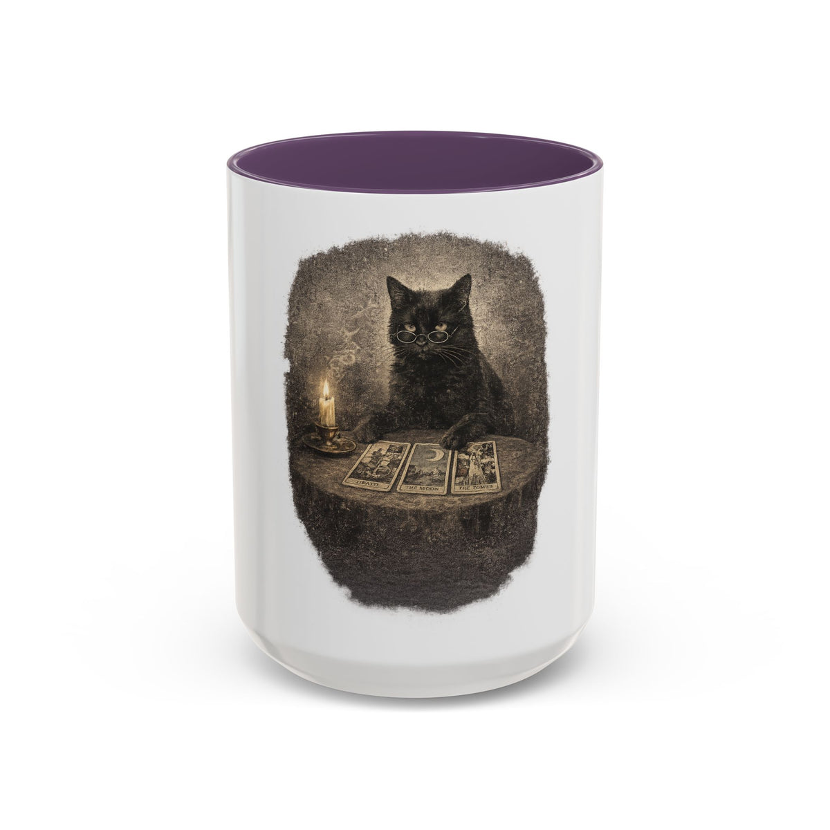 Tarot Cat Accent Coffee Mug — Witchy Black Cat with Tarot Cards
