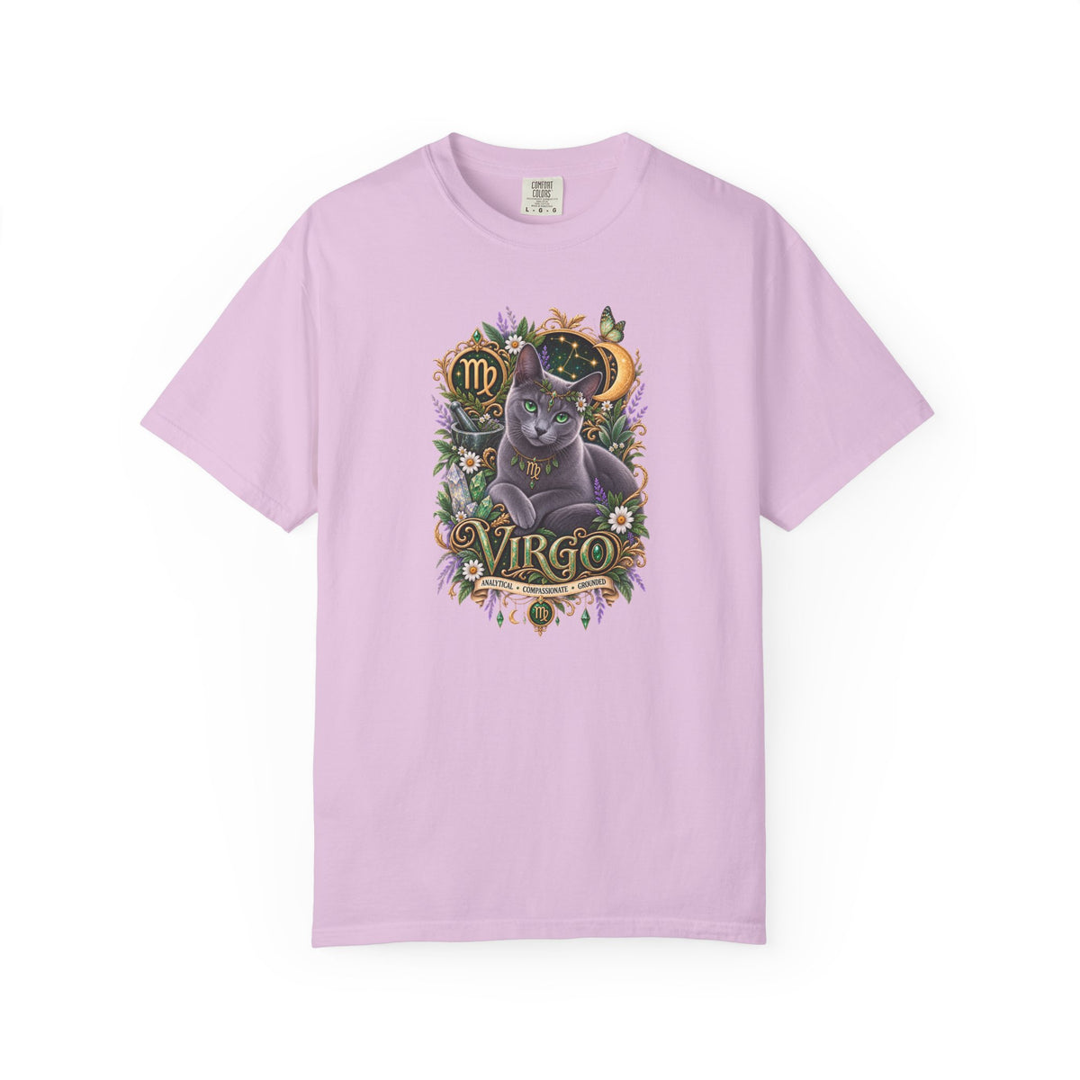 Virgo Cat Zodiac T-Shirt — Virgo Astrology Tee with Russian Blue & Floral Design