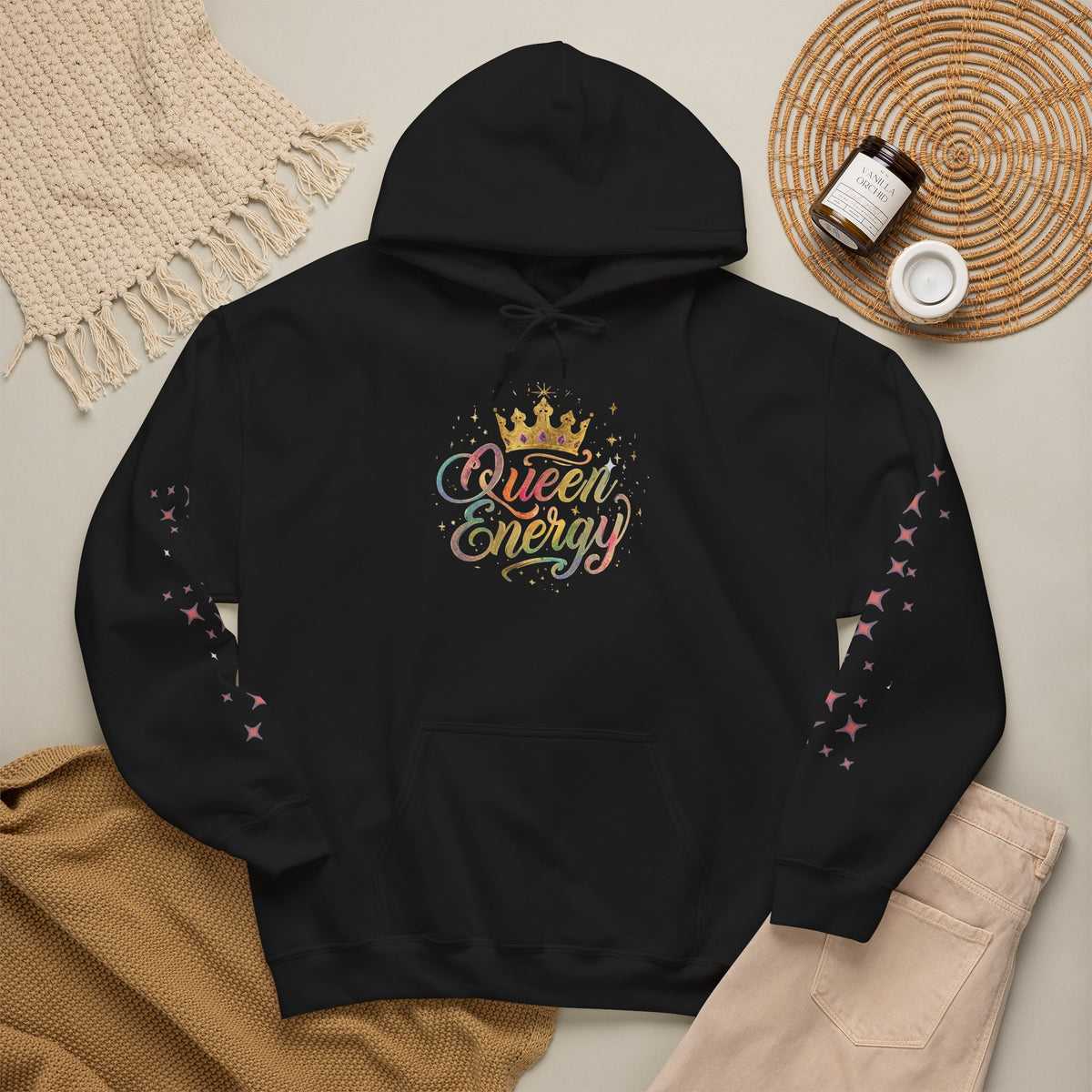 Queen Energy Hoodie — Feminine Crown Graphic Pullover with Star Sleeve Accents