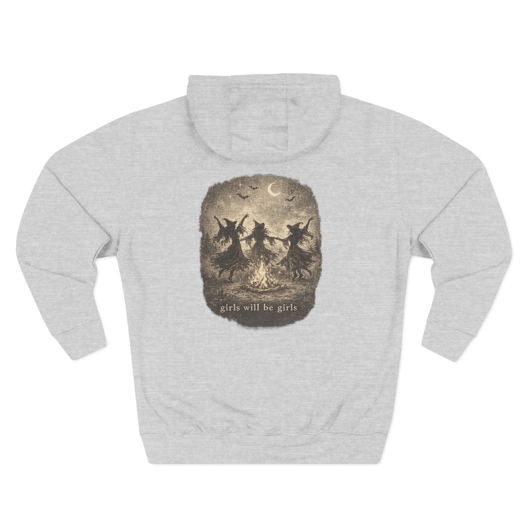 Witchy Trio Graphic Hoodie – 'Girls Will Be Girls' Vintage Moonback Sweatshirt