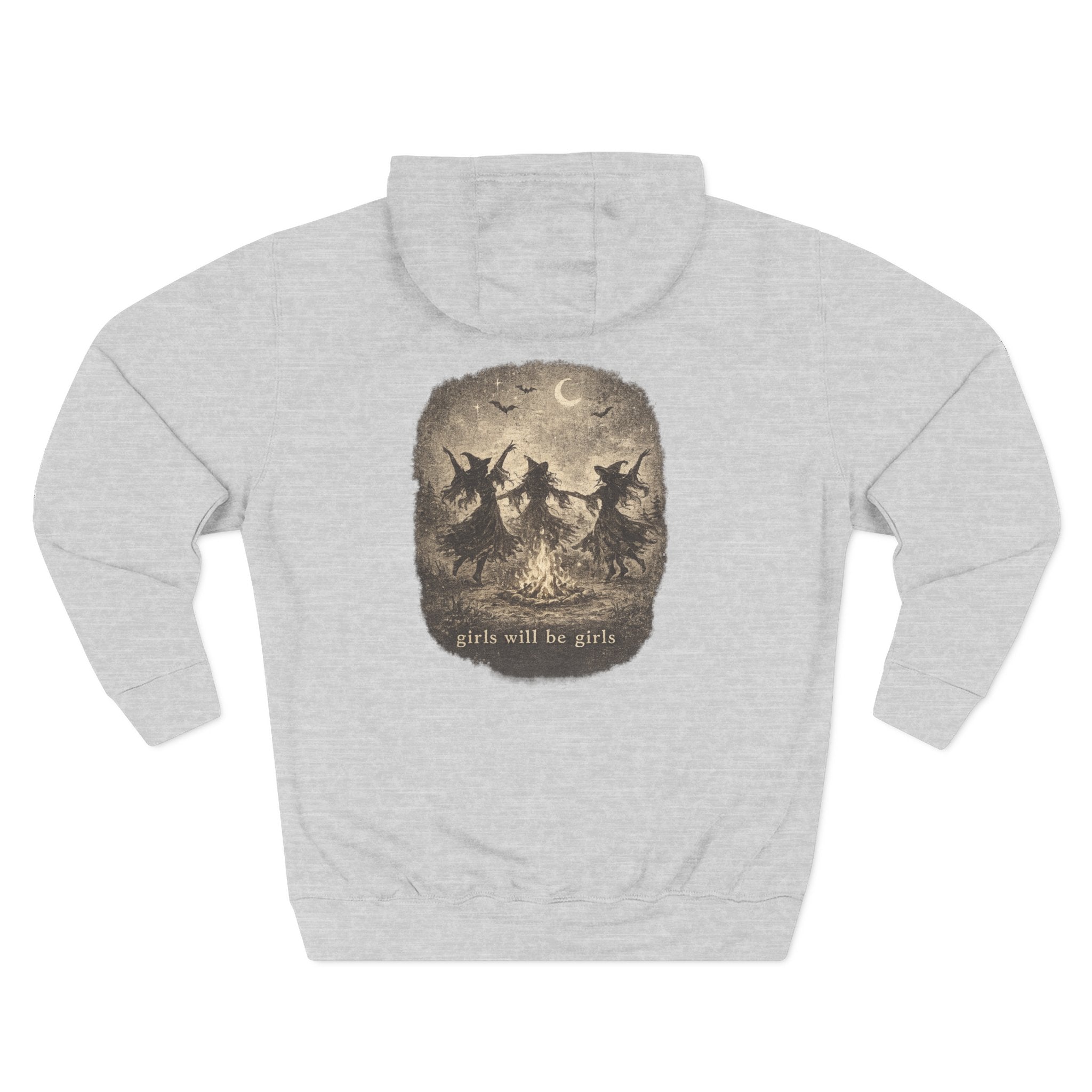 Witchy Trio Graphic Hoodie – 'Girls Will Be Girls' Vintage Moonback Sweatshirt