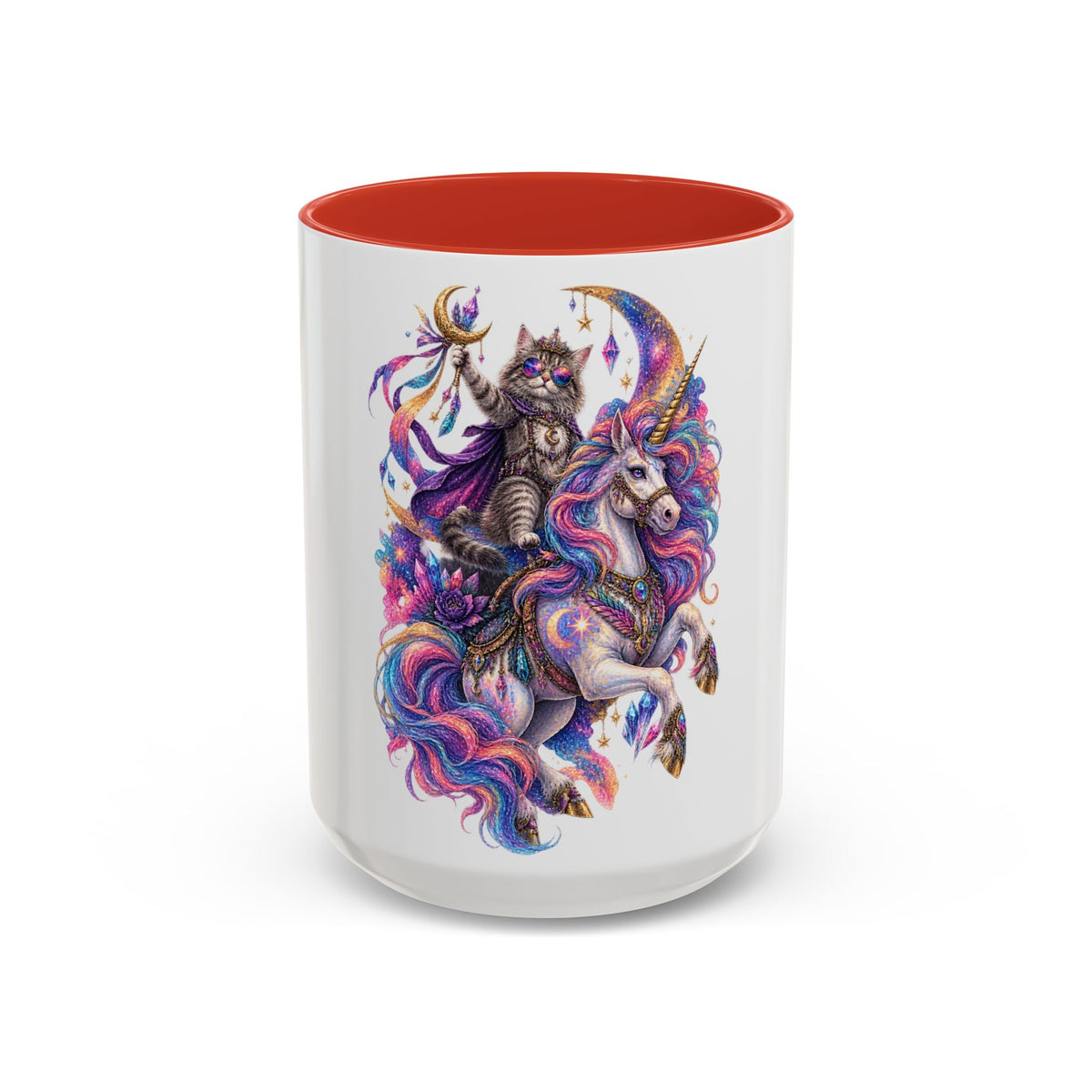 Magical Cat Knight on Unicorn Accent Coffee Mug — Colorful Fantasy 11/15oz