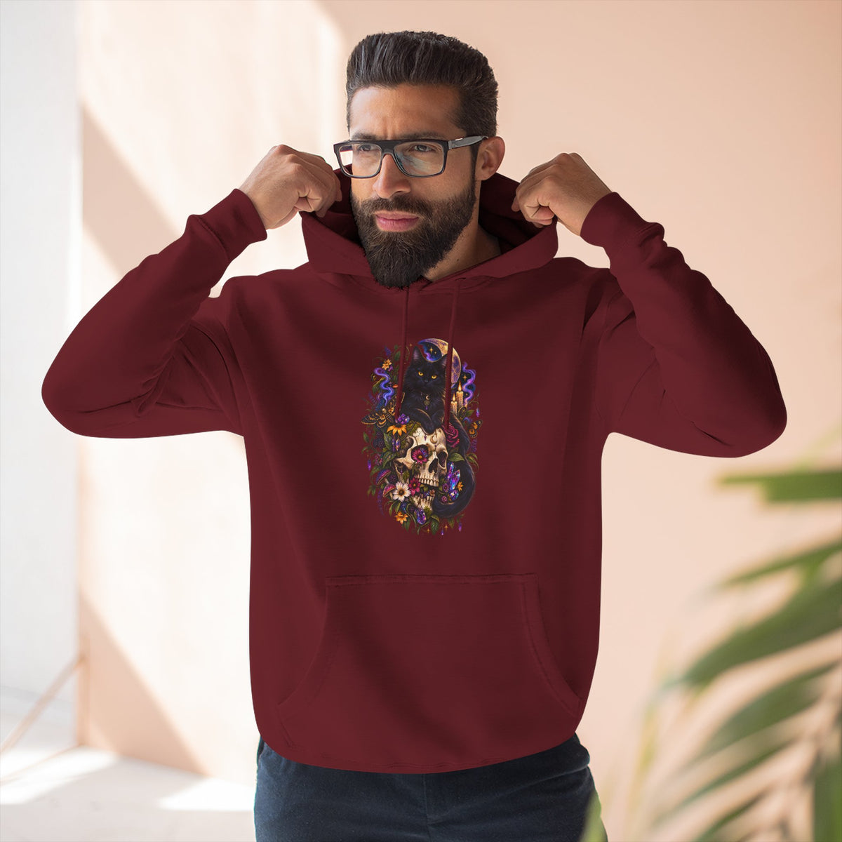 Skull Black Cat Hoodie — Romantic Gothic Floral Skull Graphic Fleece Pullover