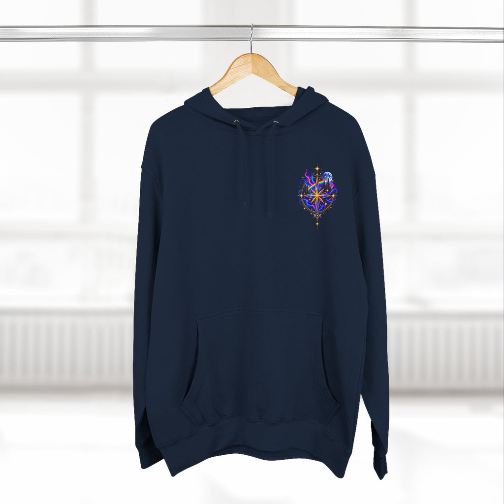 Guided by Light Bound toTruth Fleece Hoodie — Spiritual Galaxy Chest Emblem & Backscape Design