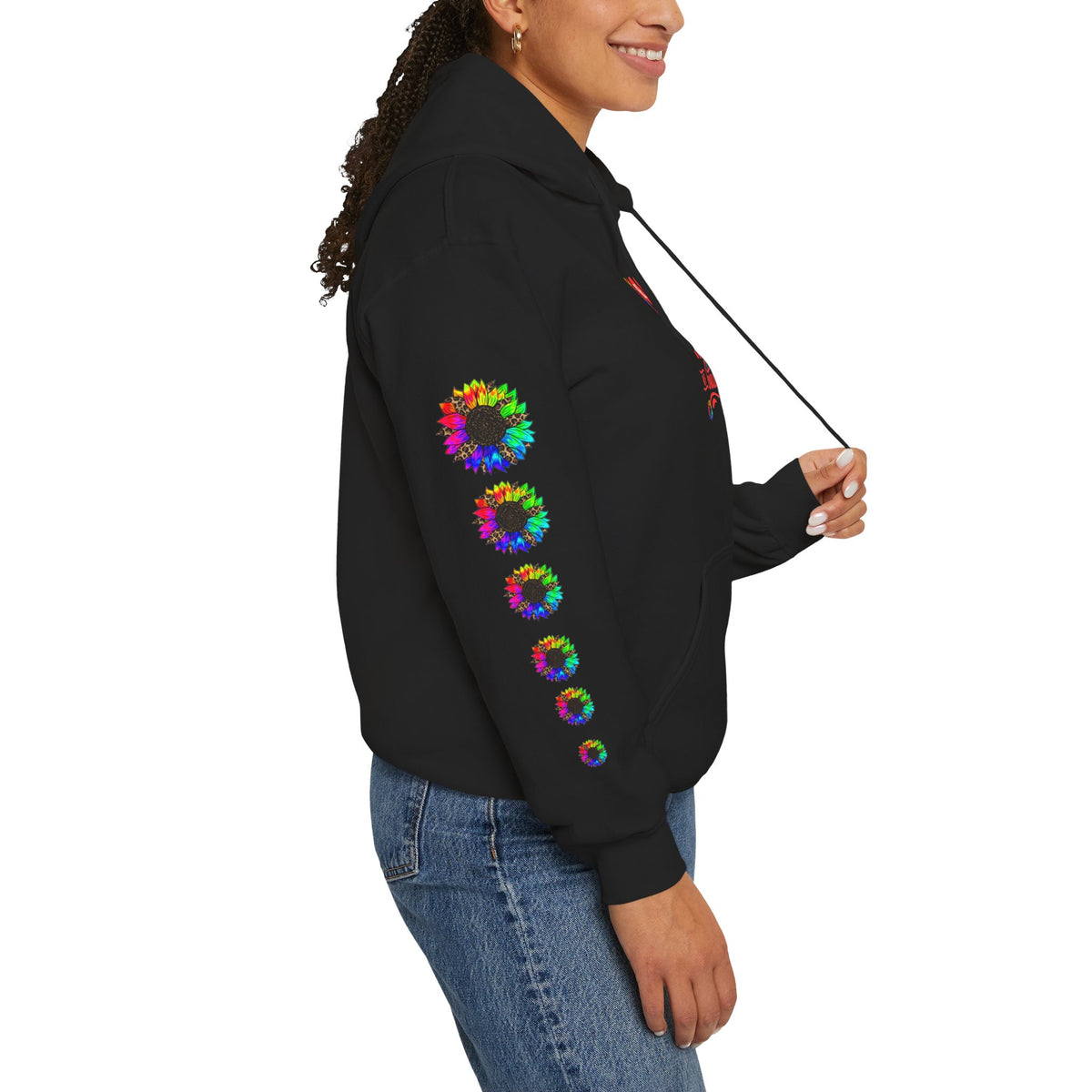 Inspirational Floral Hoodie – "Your Smile is Kind & Beautiful" Rainbow Sunflower Cozy Pullover