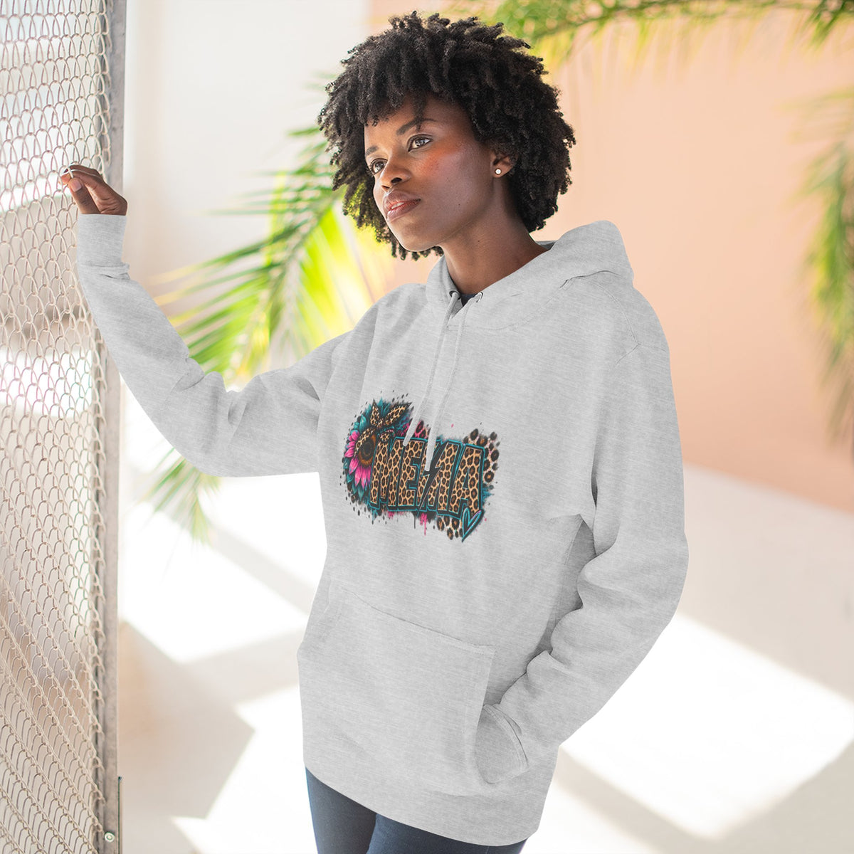 MEMA Leopard Floral Heat Hoodie — Cozy Fleece Pullover with Leopard & Flowers Design