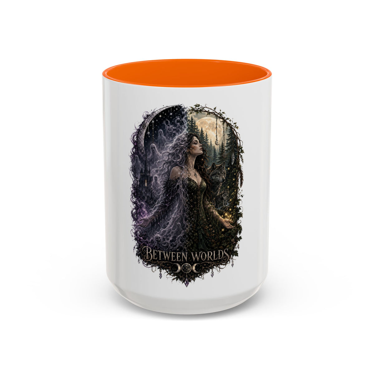Between Worlds Accent Coffee Mug — Gothic Fantasy Witch Illustration (11/15oz)