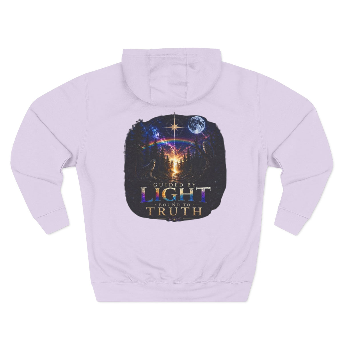 Guided by Light Bound toTruth Fleece Hoodie — Spiritual Galaxy Chest Emblem & Backscape Design