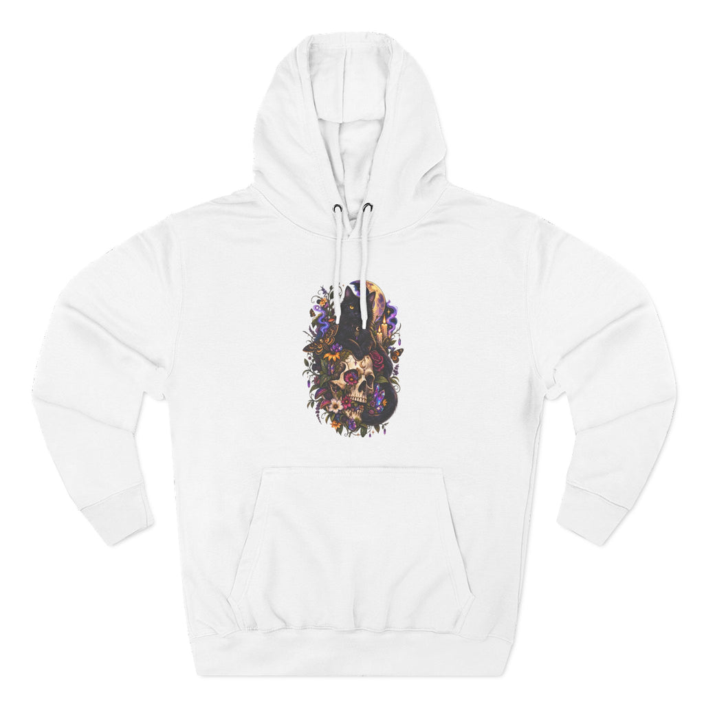 Skull Black Cat Hoodie — Romantic Gothic Floral Skull Graphic Fleece Pullover