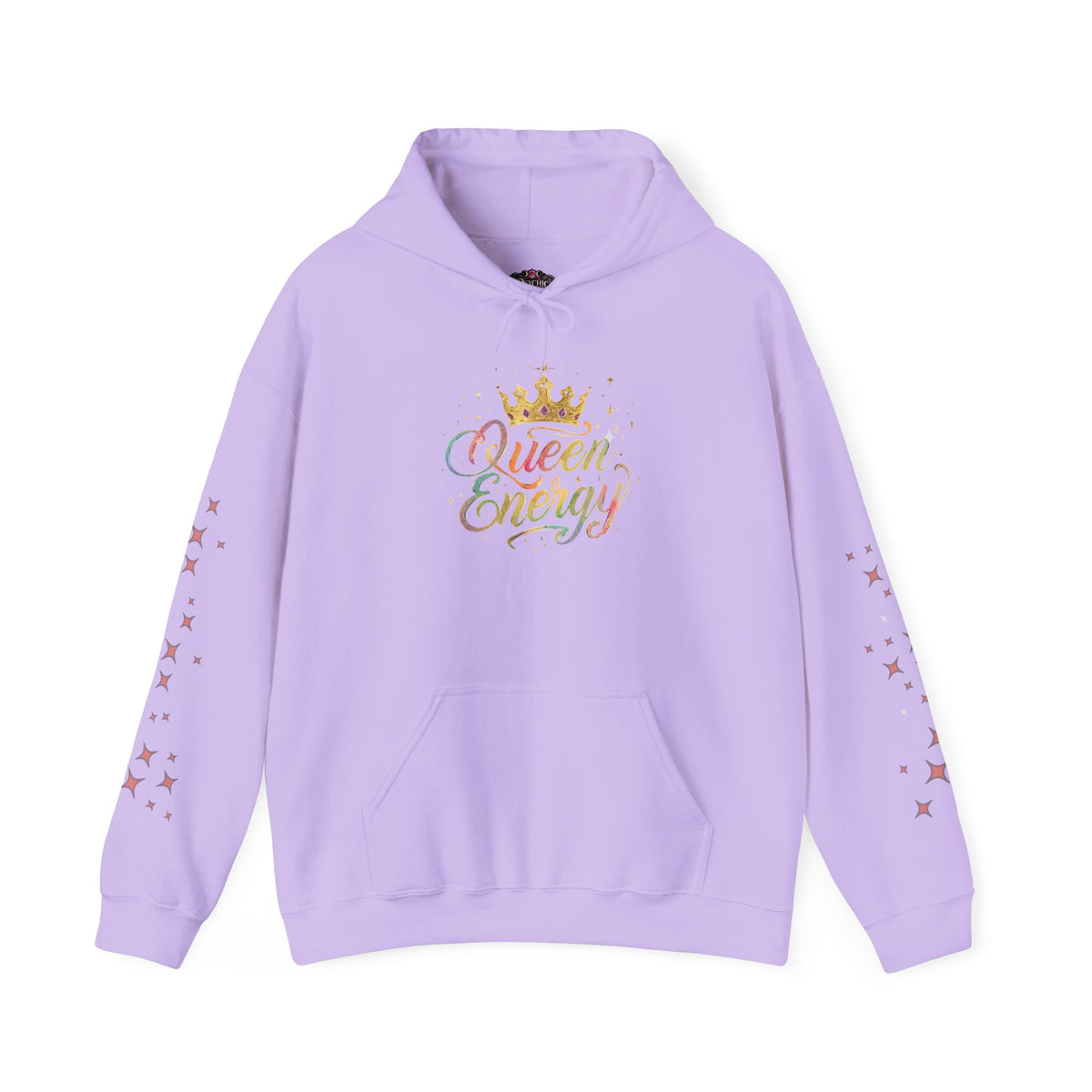 Queen Energy Hoodie — Feminine Crown Graphic Pullover with Star Sleeve Accents