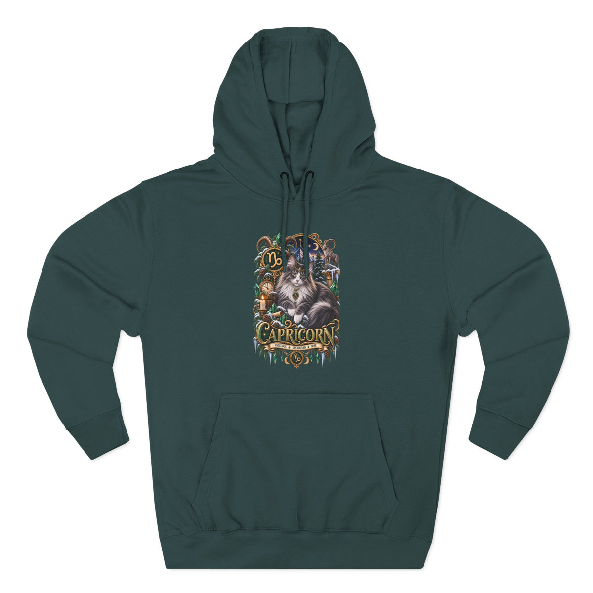 Capricorn Norwegian Forest Cat Zodiac Graphic Hoodie — Mystic Goat Astrology Sweatshirt