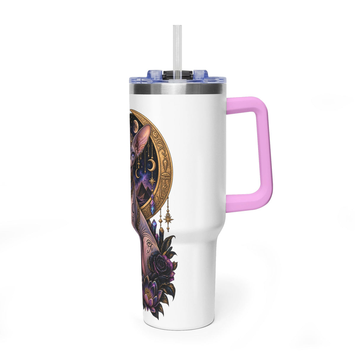40oz Sphynx Cat Tumbler — Mystical Moon Vacuum Insulated Travel Mug