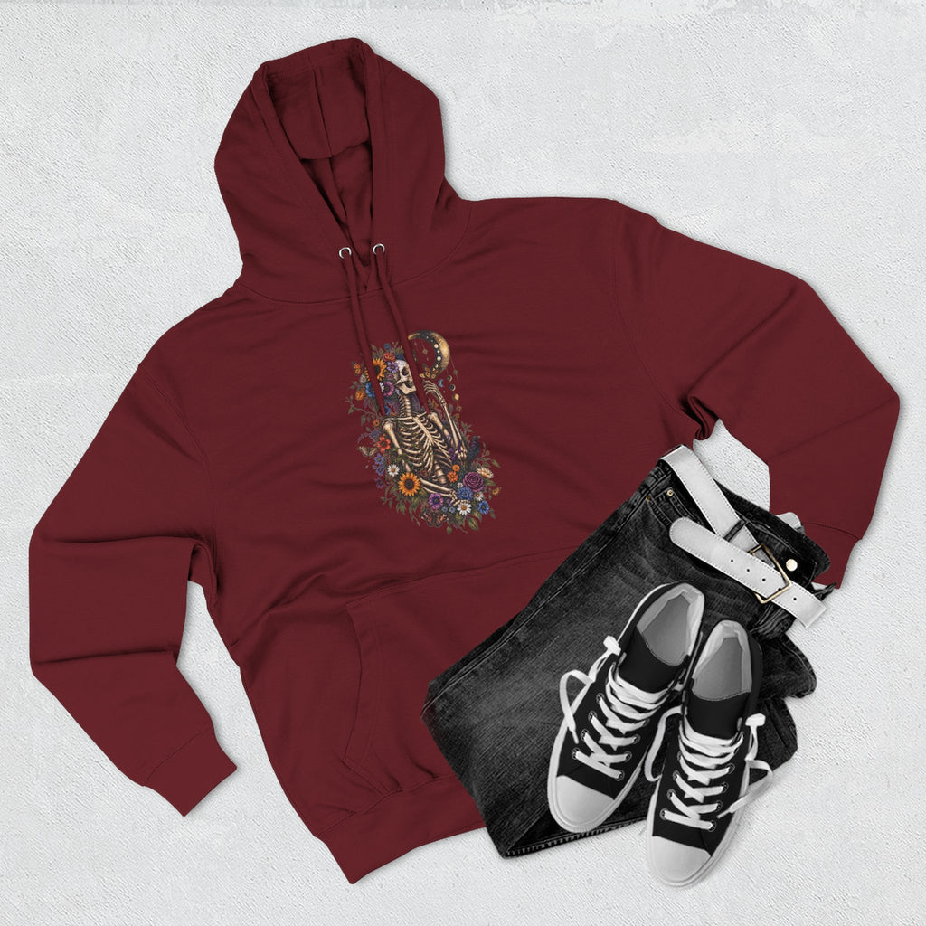 Skeleton Moon Floral Hoodie – Gothic Botanical Graphic Pullover