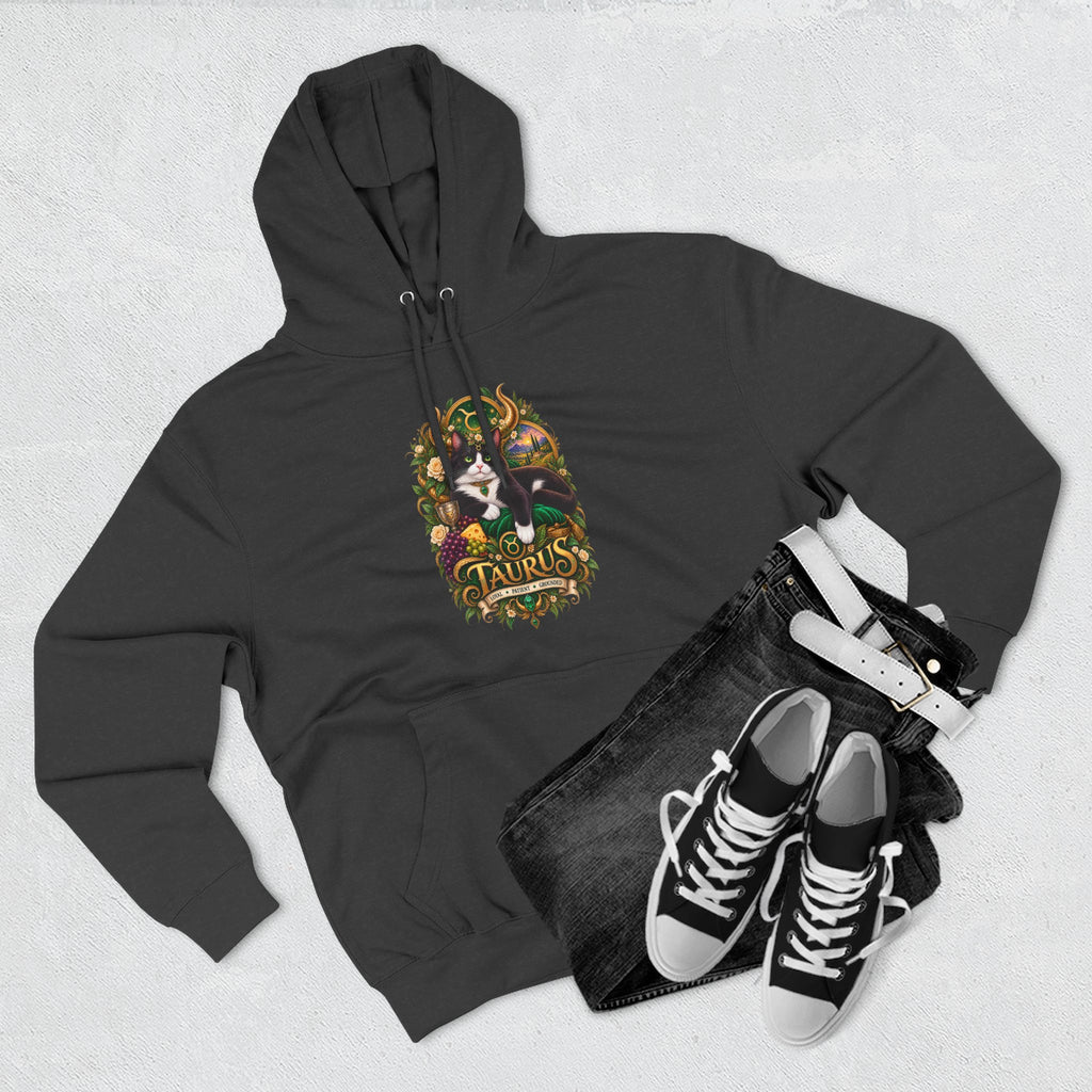 Taurus Tuxedo Cat Zodiac Hoodie — Earthy Bull Constellation Graphic Fleece Pullover