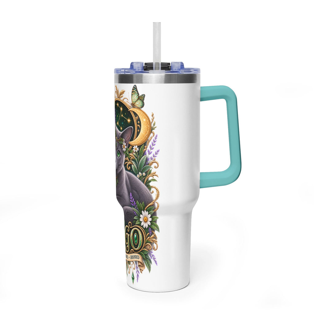 Virgo Cat 40oz Thermal Tumbler — Russian Blue Zodiac Astrology Travel Mug