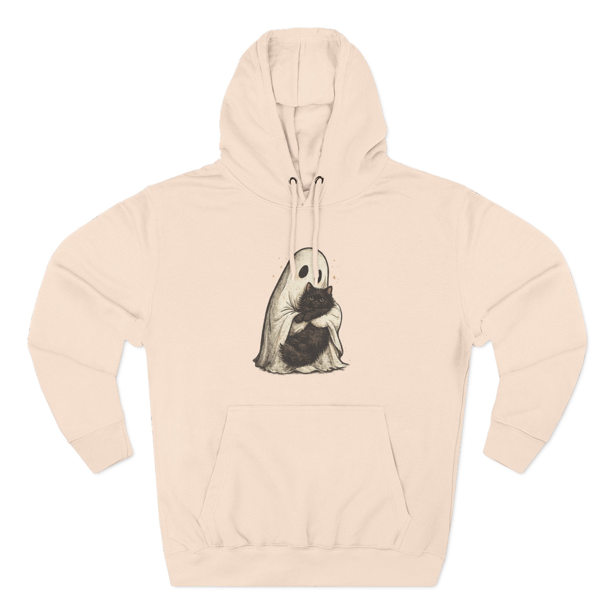 Ghost Hugging Black Cat Fleece Hoodie — Cute Ghost Hugging Black Cat Cozy Pullover