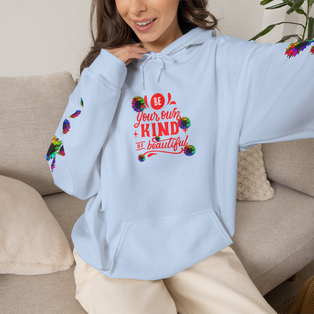 Inspirational Floral Hoodie – "Your Smile is Kind & Beautiful" Rainbow Sunflower Cozy Pullover