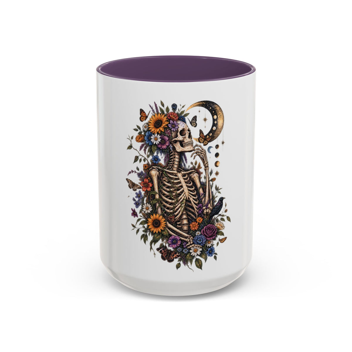 Skull & Moon Floral Coffee Mug — Gothic Botanical Accent Mug