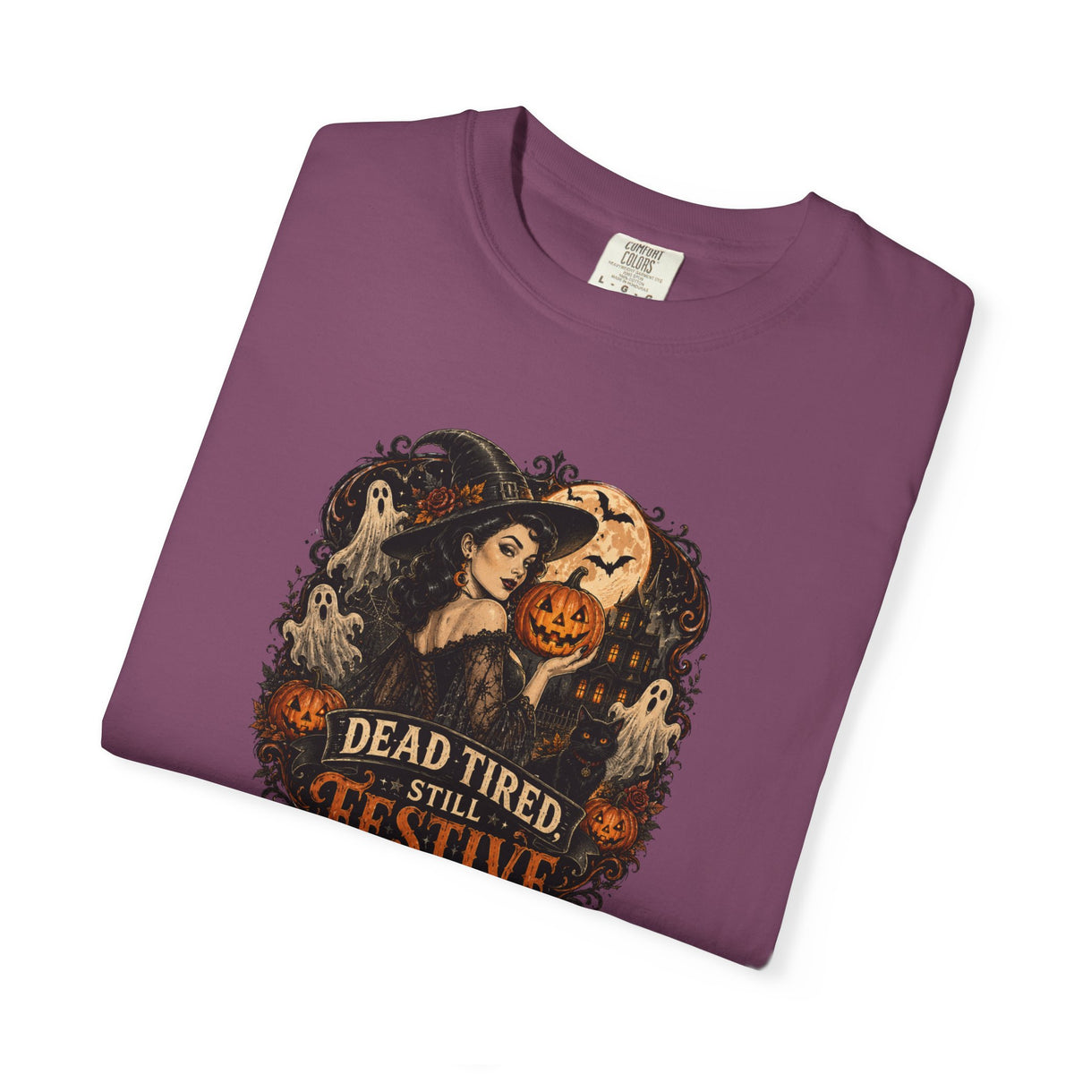 Halloween Graphic T-Shirt — "Dead Tired but Festive" Vintage Horror Pumpkin Tee
