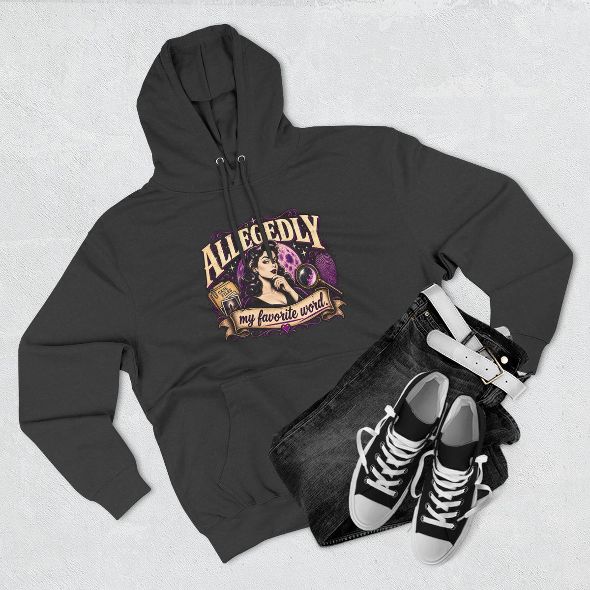 Hoodie — "Allegedly My Favorite Word" Retro Witch Graphic