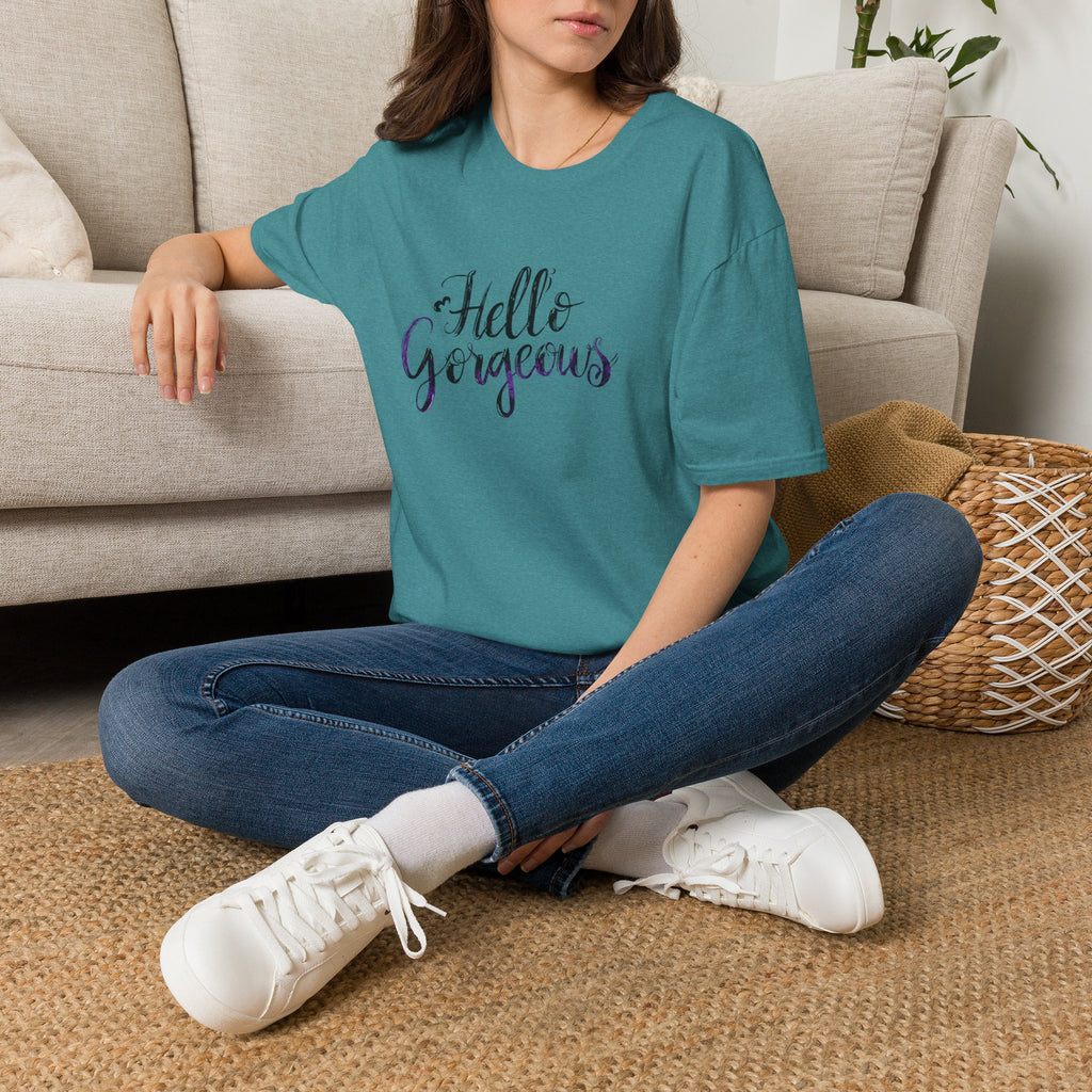T-Shirt — "Hello Gorgeous" Purple Black Script Graphic Tee