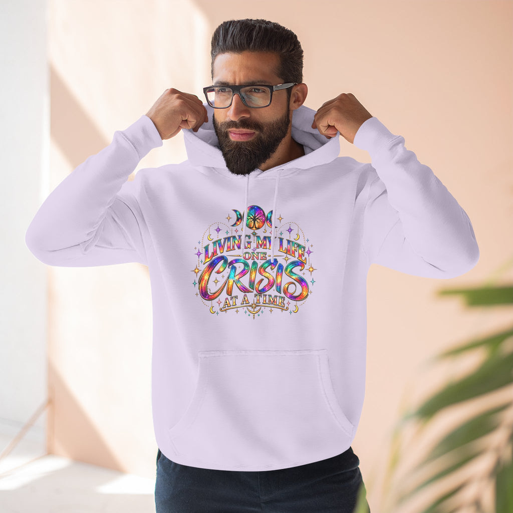Hoodie — "Living My Best One Crisis At A Time" Colorful Retro Graphic